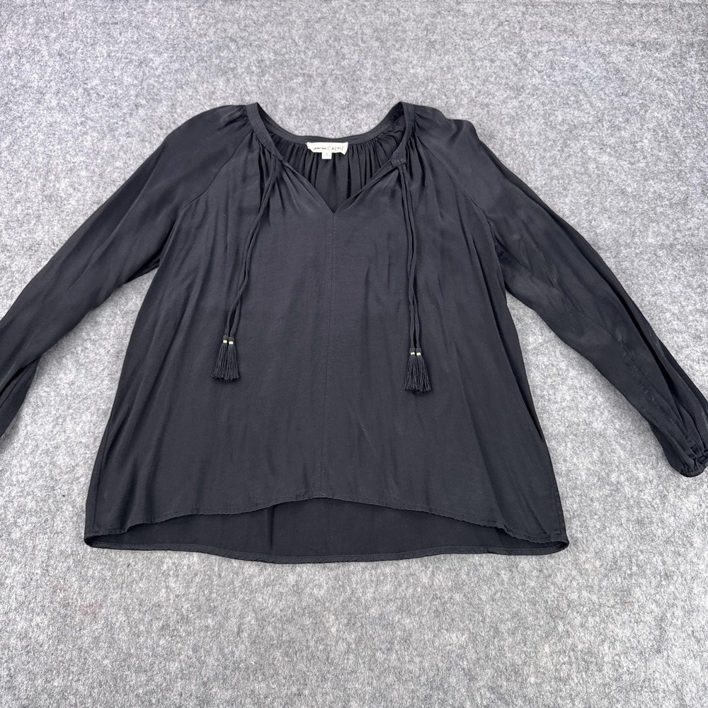 Johnny Was Calmé Shirt Womens Small Black Tassel Tie Boho Peasant Long Sleeve